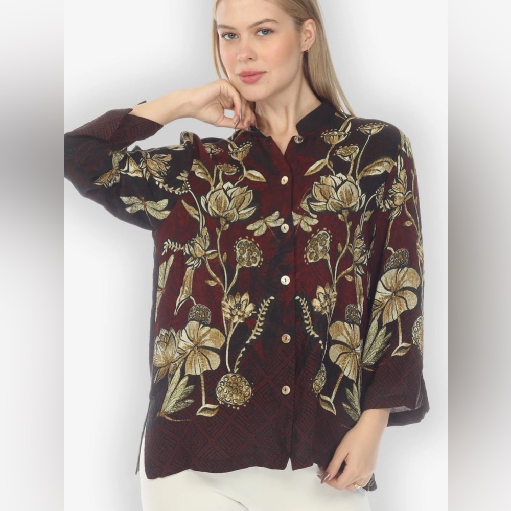 Citron Santa Monica Big Lotus and Dragonfly Silk Small Blouse Burgundy